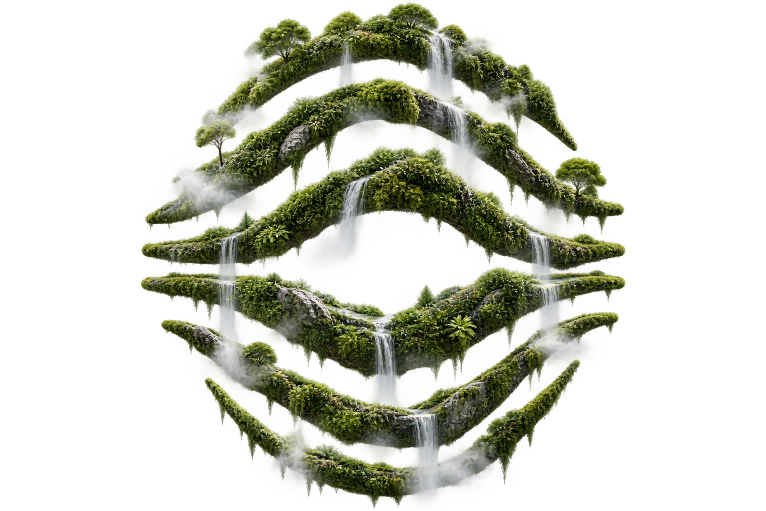 Astound nature emblem made from moss, plants, rocks, trees and waterfalls